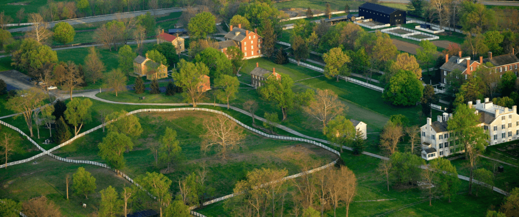 Aerial view of buildings and roads at Shaker Village of Pleasant Hill