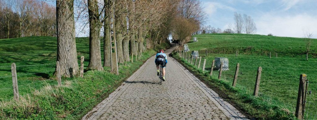 rear view of cyclist riding their bike on a cobblestone road