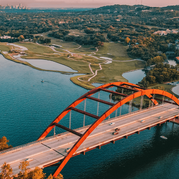 Arial shot of the Penny Backer Bridge in Austin, Texas