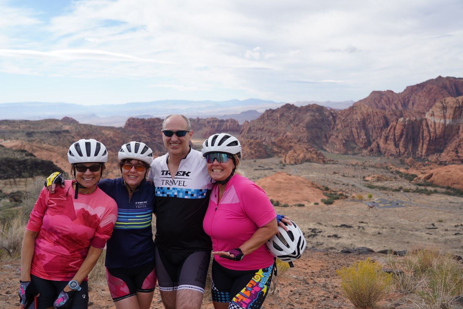 A group of four smiling at the camera with Snow Canyon State Park in the background