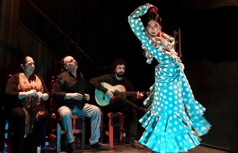 Flamenco dancer with three musicians performing.