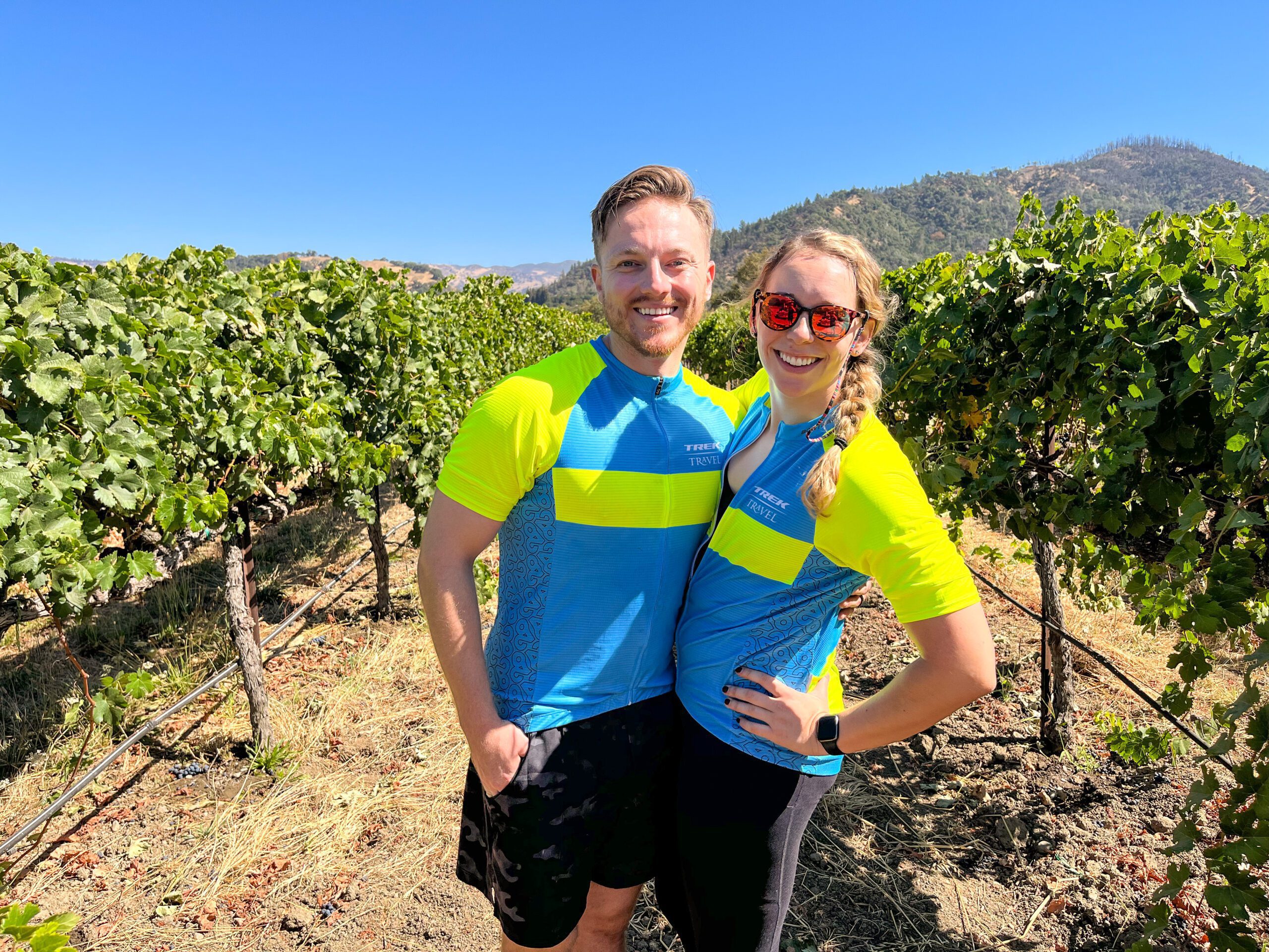 Two people visiting a vineyard in California
