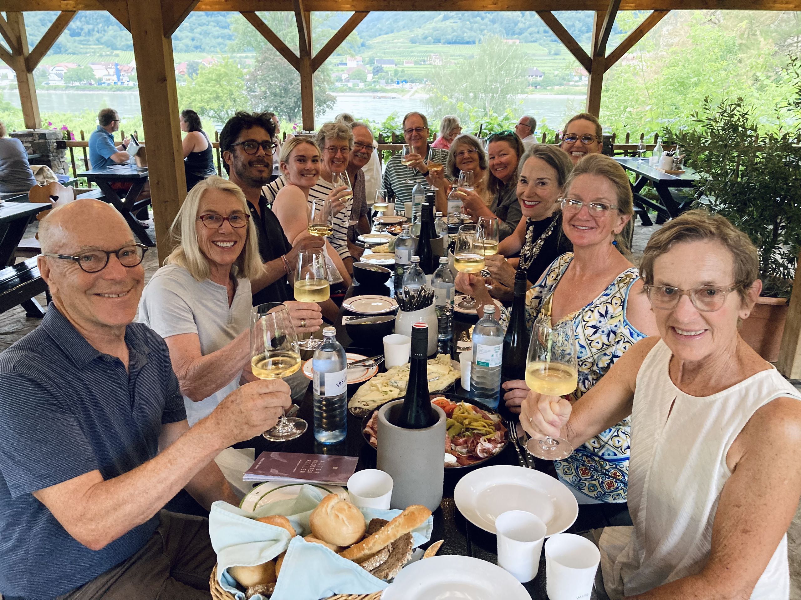 group enjoying wine