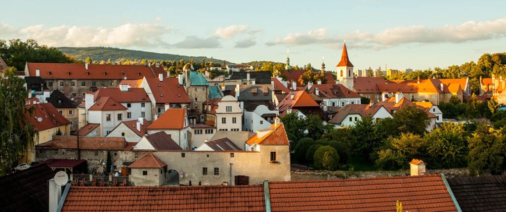 Overlooking red roofs of the town Cesky Krumlov