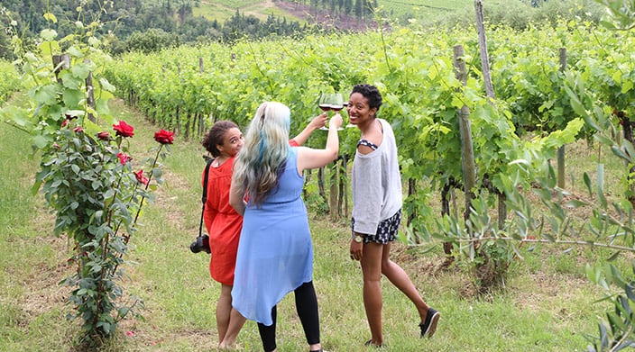 Three people sharing a cheers in a vineyard