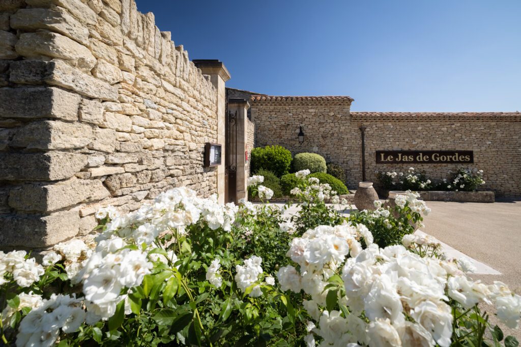 The entrance of hotel Jas de Gordes with white flowers on the foreground