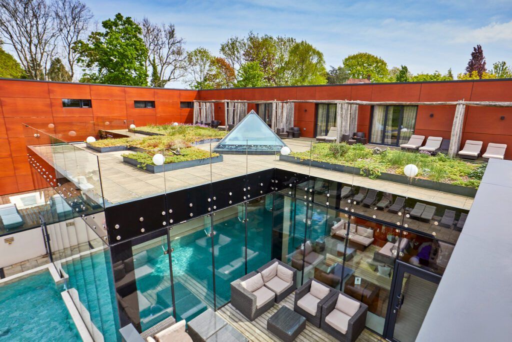 Rooftop terrace above indoor pool at hotel Ockenden