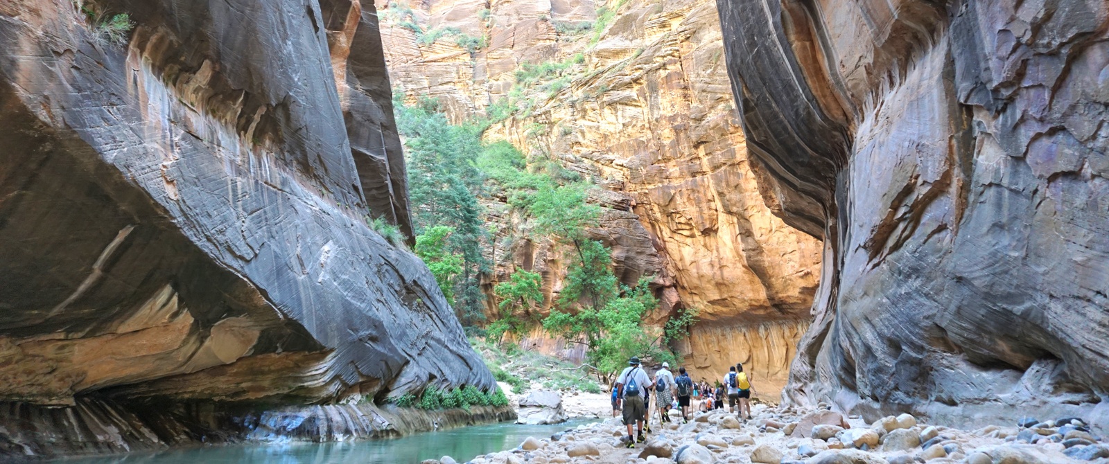 A group hiking in a rock canyon beside a river in Utah
