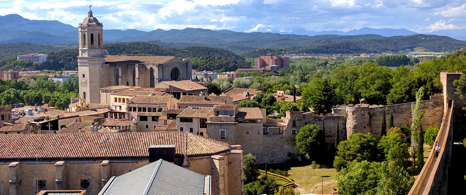 drone landscape with city shot of Old Town in Girona