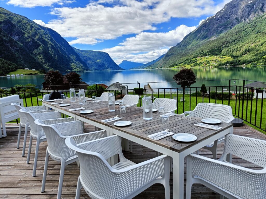 NO: terrace overlooking the fjord at Skjolden hotel