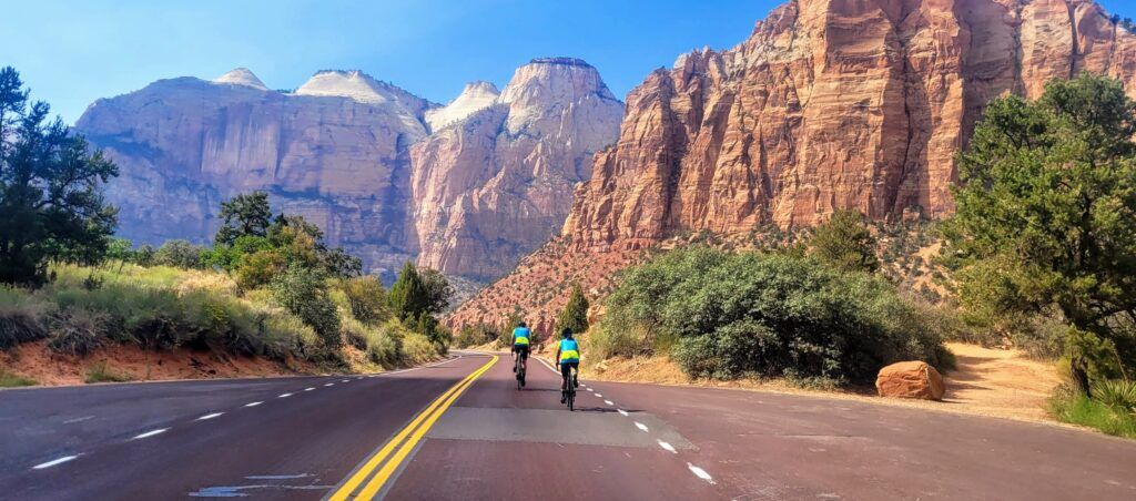 Two people riding bikes in Utah