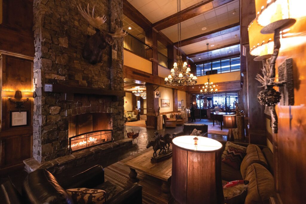 A fire burns in the lobby at the Lodge at Whitefish Lake