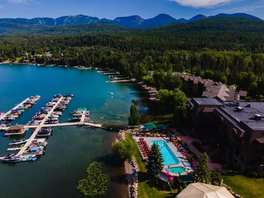 An overhead view of Whitefish Lake and the Lodge on the shore