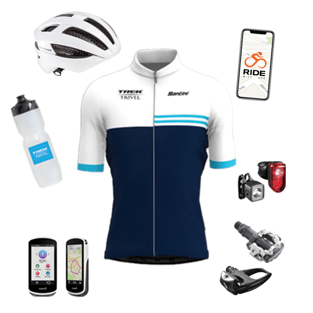 A collage of cycling gear guests will use on a Trek Travel Classic Bike Tour.