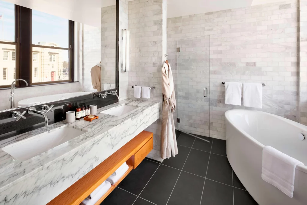 Bathroom with granite countertops and soaking tub