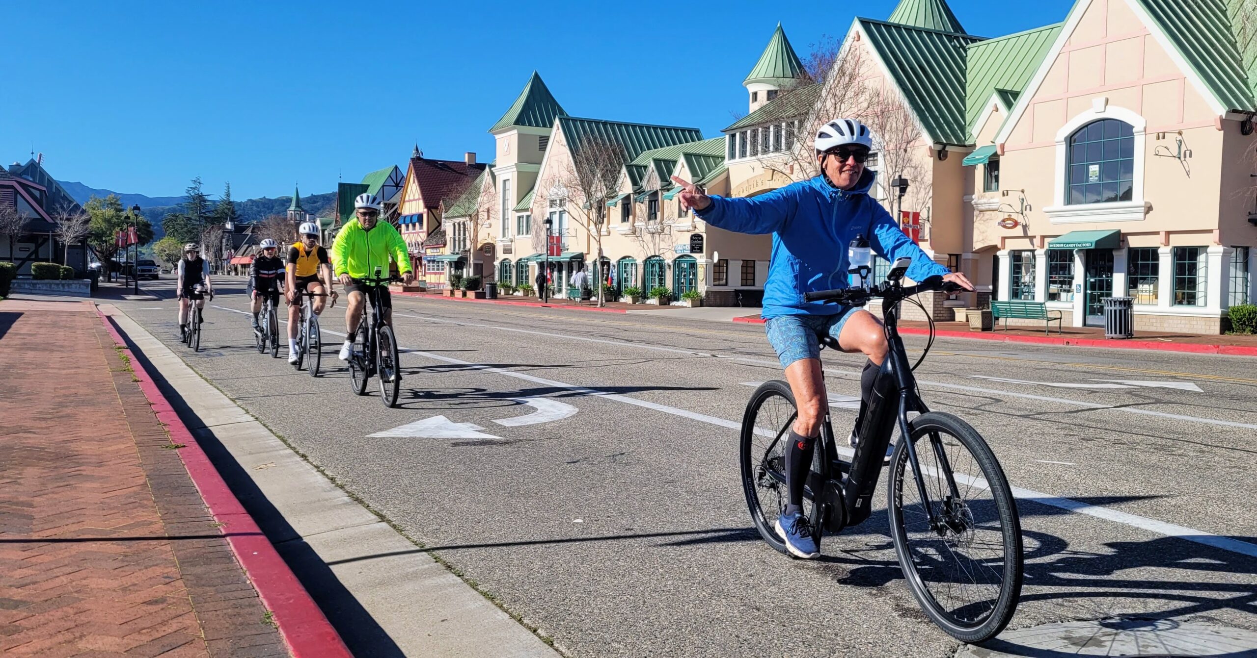 Cyclists riding in downtown Solvang