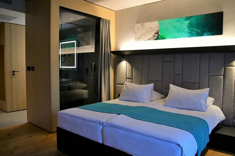 A double bedroom at the Sport Hotel Soča