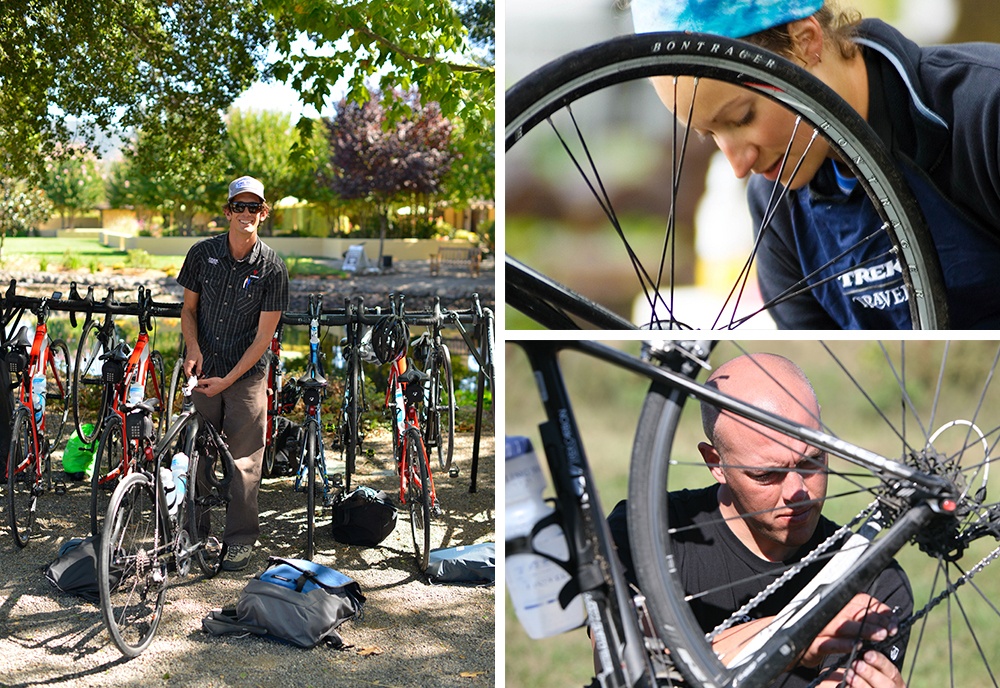 Collage of guides working on bikes.