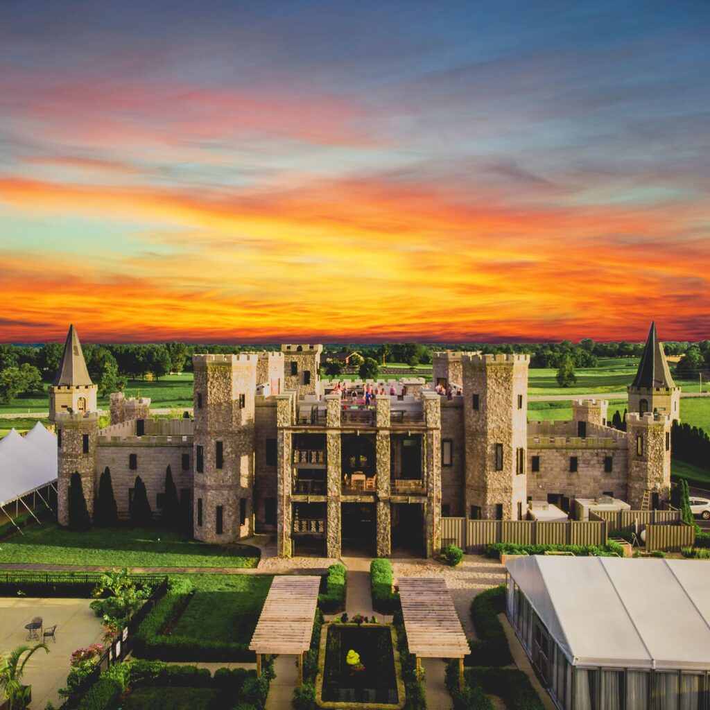 Aerial view of exterior of the back of the Kentucky Castle at sunset