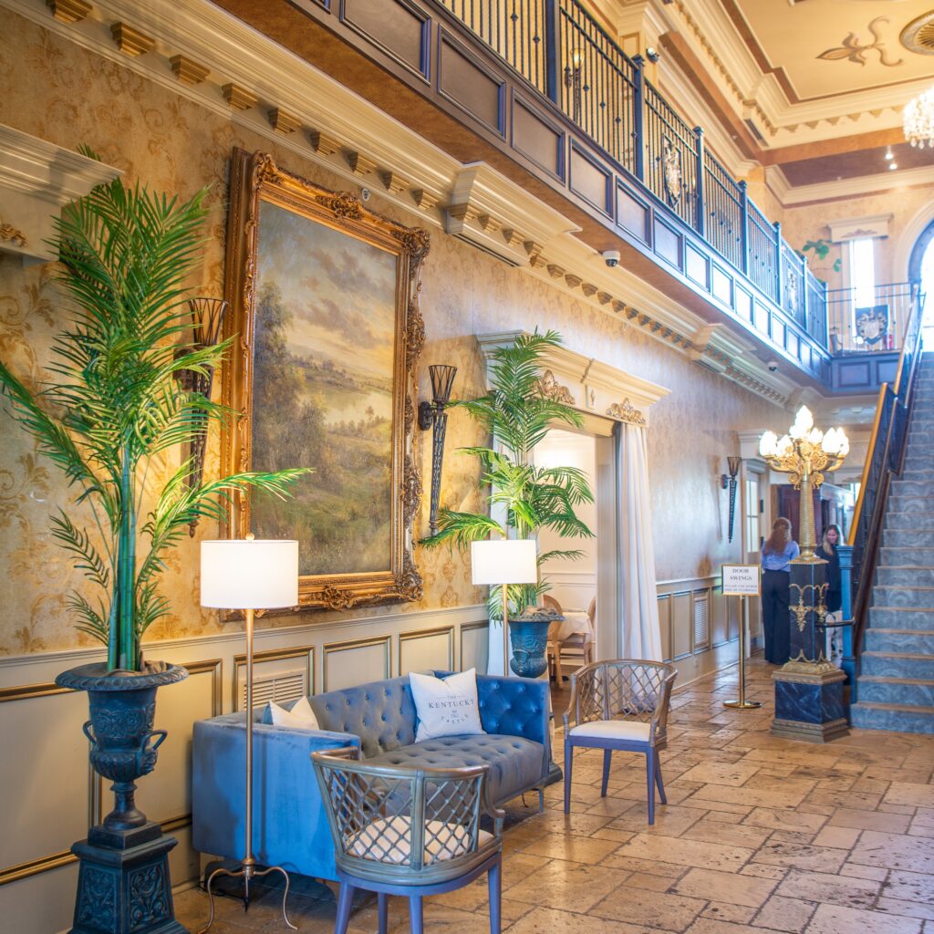 Photo of the lobby of the Kentucky Castle, looking up the main staircase