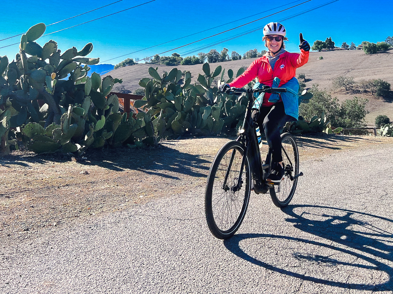 cyclist smiling with one hand giving the thumbs up as she crests the top of a climb on her Trek e-bike