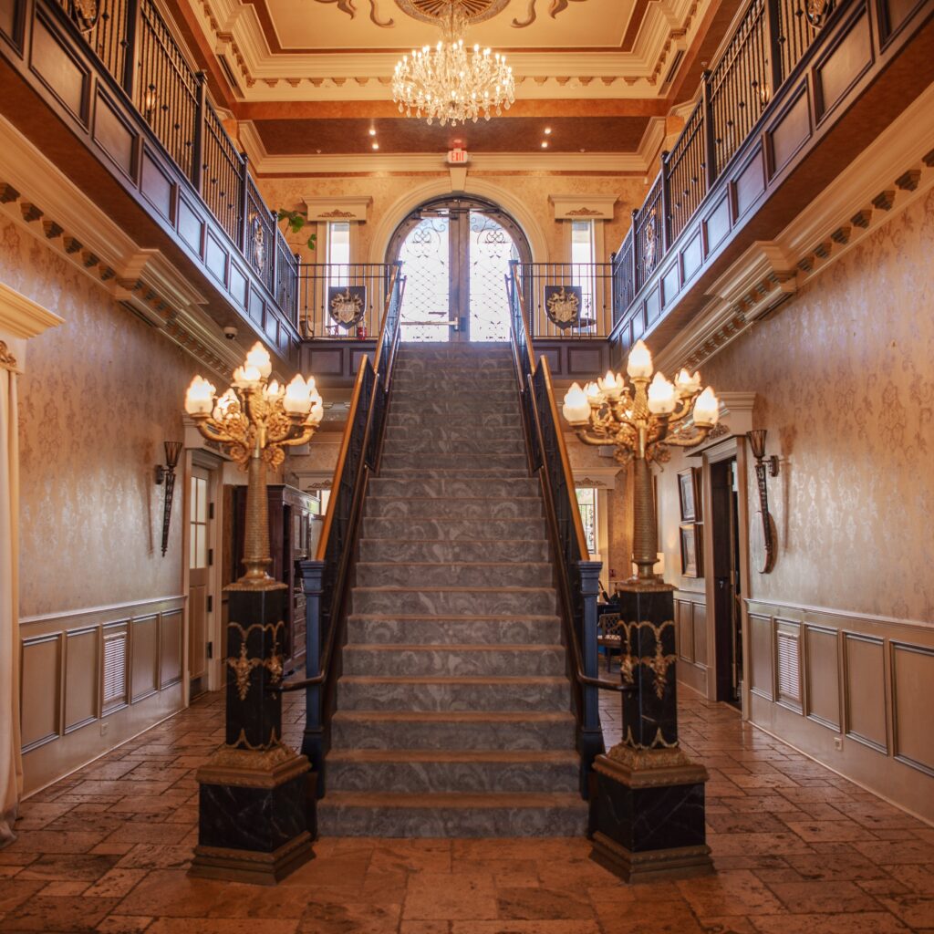Interior view of the Kentucky Castle, looking up the main staircase in the lobby