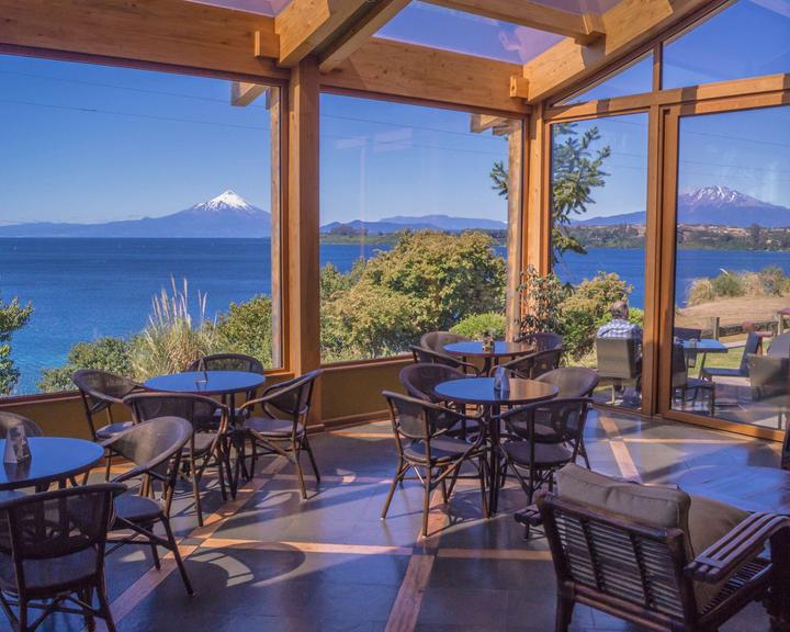 View of mountains and lake from the Hotel Cumbres Puerto Varas restaurant.