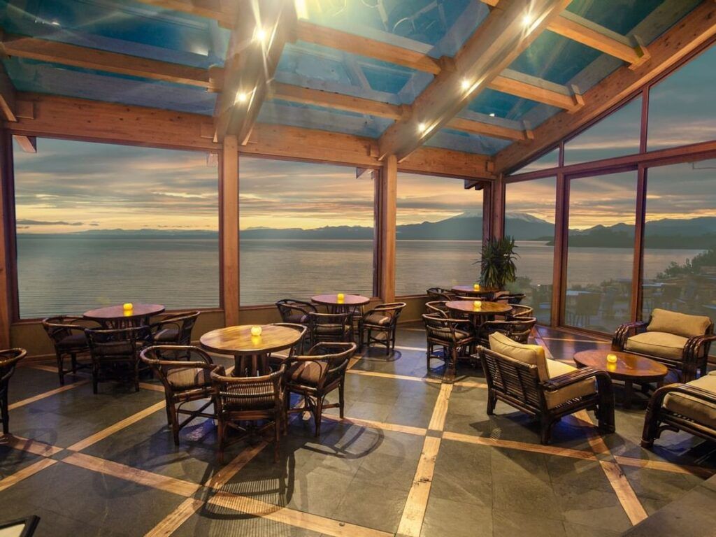 Evening view of lake and mountains from restaurant at Hotel Cumbres Puerto Varas