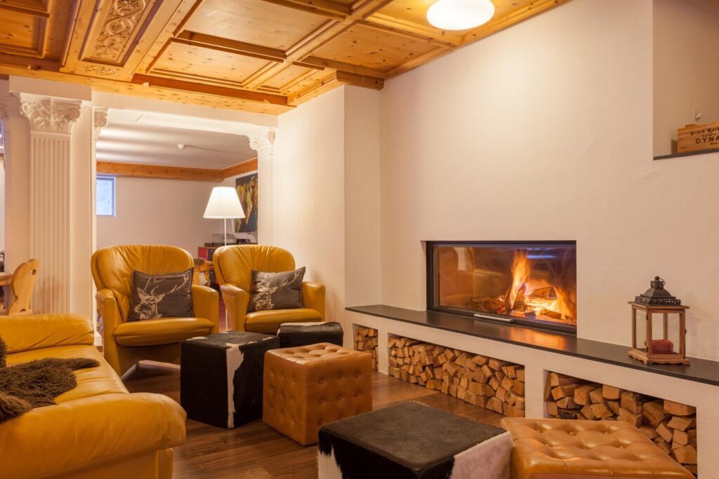 Hotel lobby with fireplace