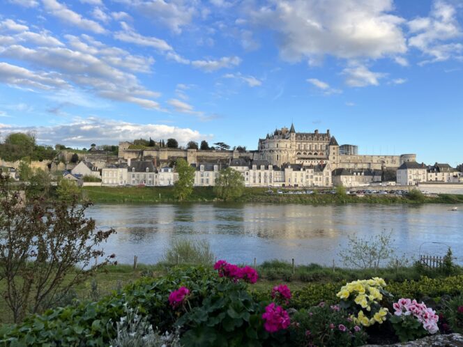 The Loire River with the castle of Amboise in the background and colorful flowers on the foreground