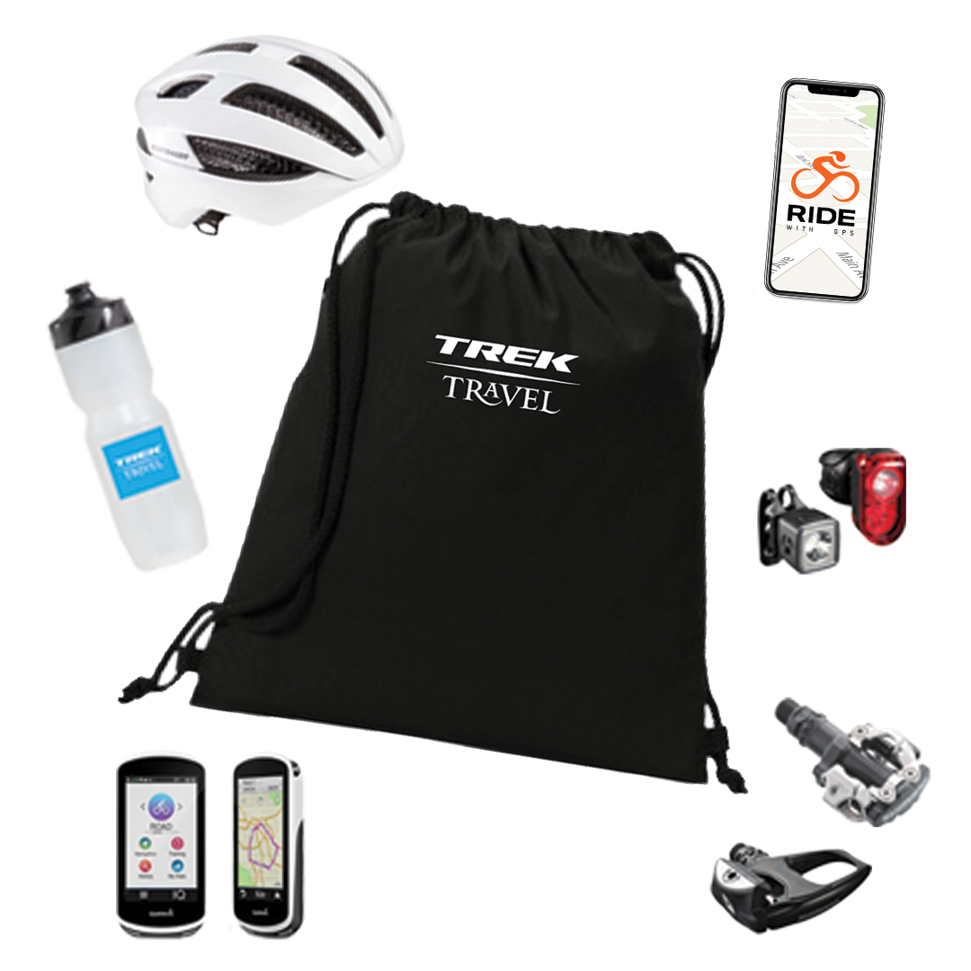 A collage of cycling gear guests will use on a Trek Travel Ride Camp, Discover, or Self-Guided Bike Tour.