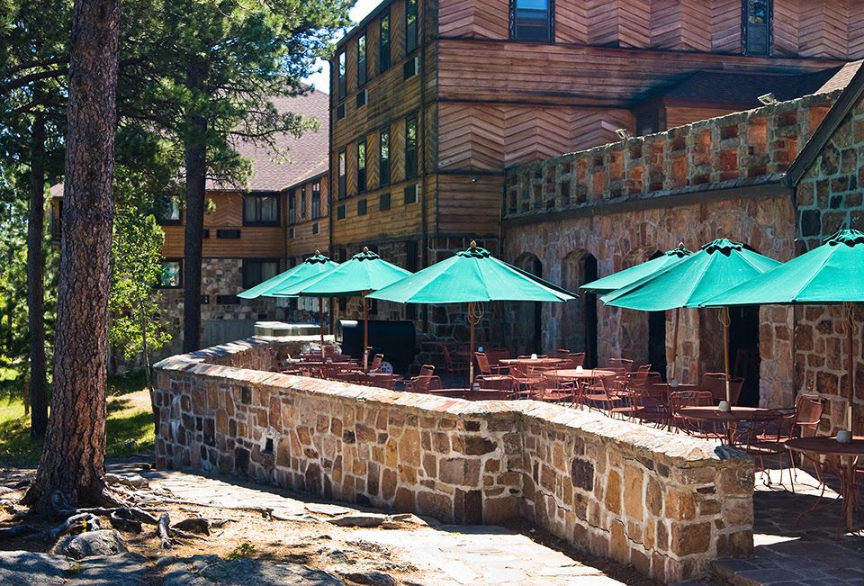 Patio with green umbrellas