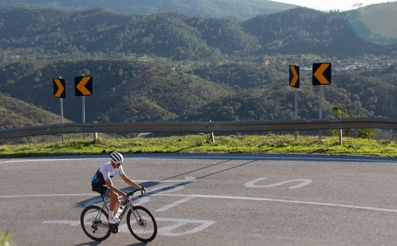 Cyclist on a climb in rolling, tree-covered hills