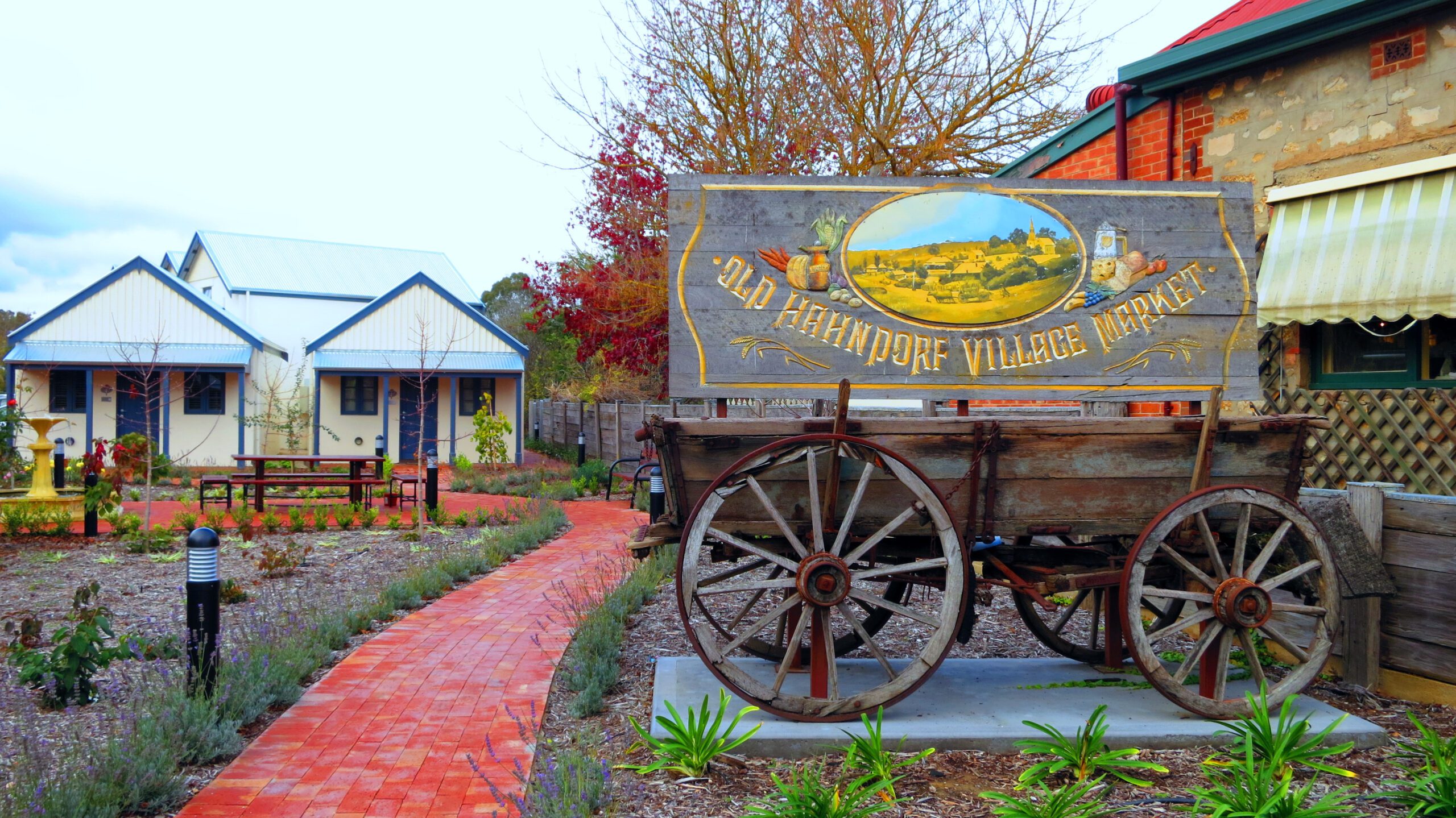 Old wagon with Old Hahndorf Village signage