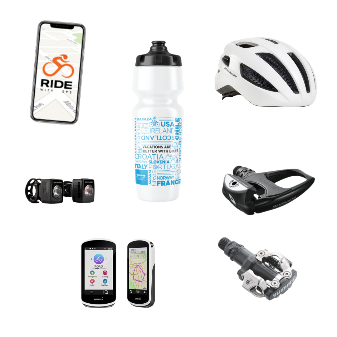 A collage of cycling gear guests will use on a Trek Travel Self-Guided Bike Tour.
