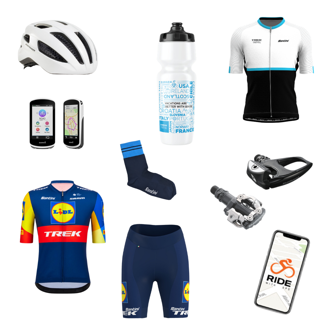 A collage of cycling gear guests will use on a Trek Travel Pro Race Bike Tour.