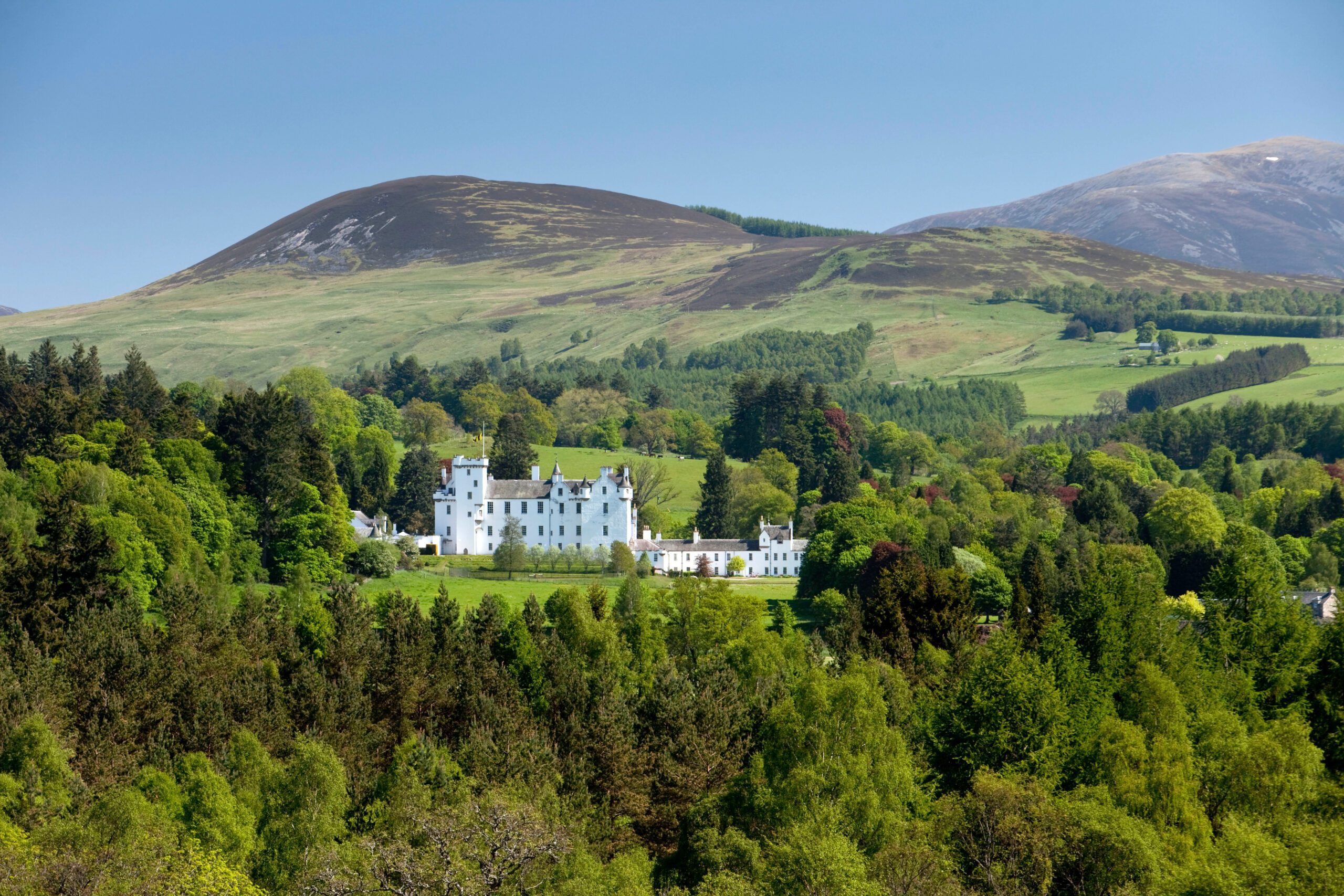 A white Blair castle in the middle of a green forest