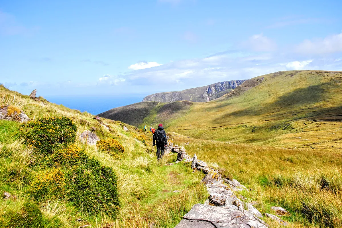 People walking in the green irish landscape near the ocean
