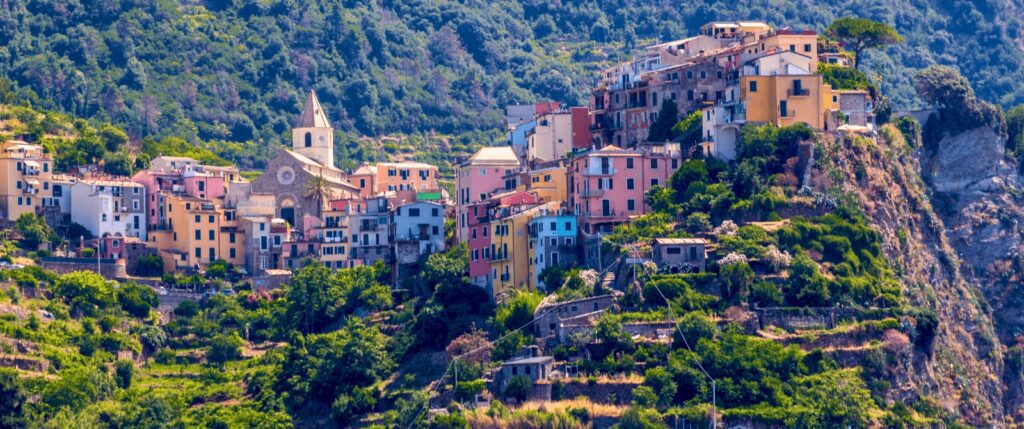 A view of a colorful perched village in Cinque Terre