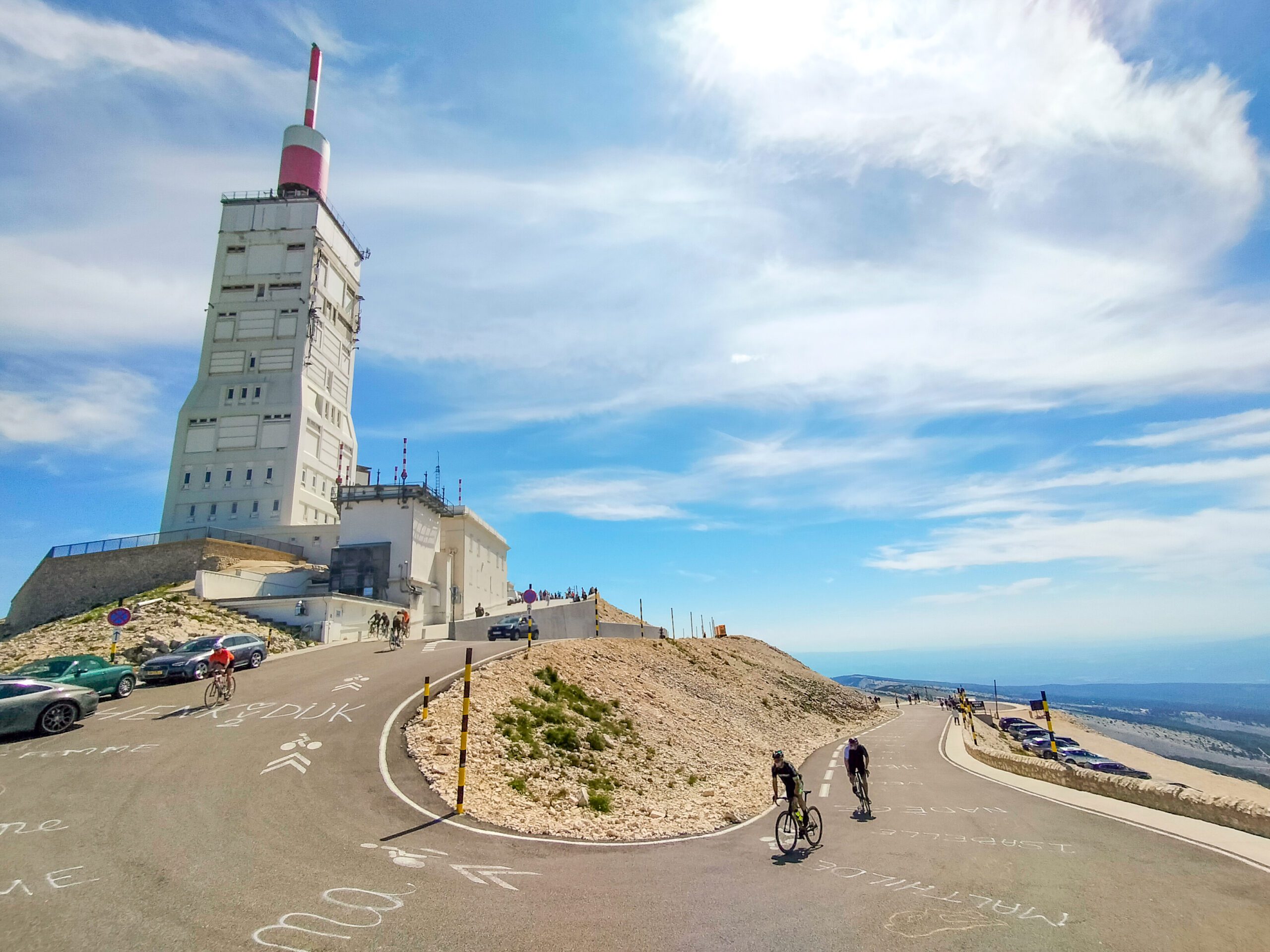 Two cyclists climbing Mont Ventoux.