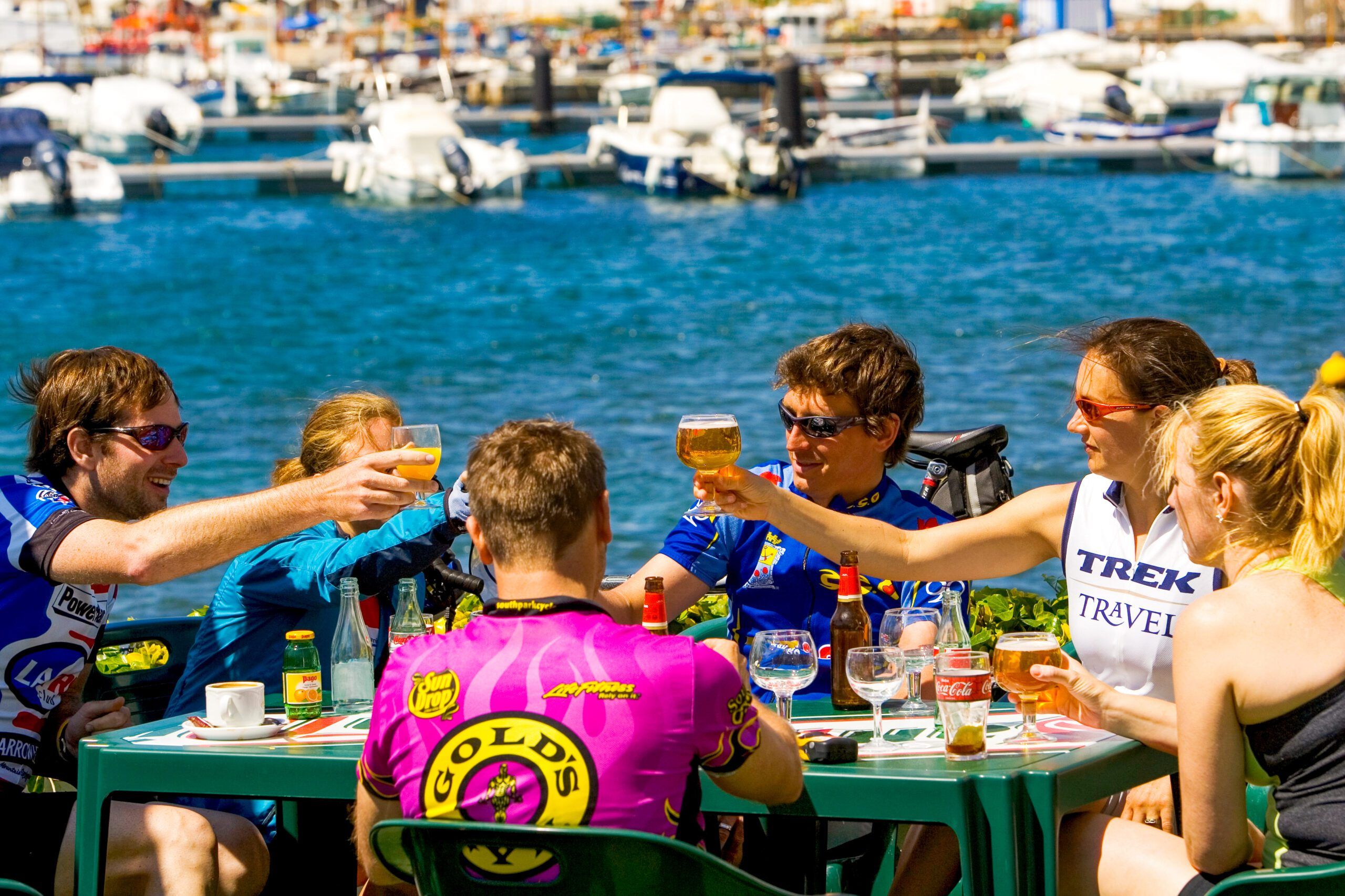 A group of people toasting with beverages at the pier.