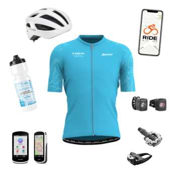 A collage of cycling gear guests will use on a Trek Travel Guided Bike Tour.